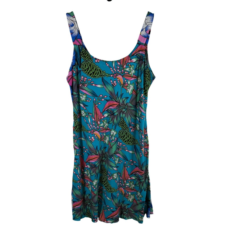 Rainbow Jo Women Large Tropical Floral Rayon Mini Dress Blue Pink Made Indonesia